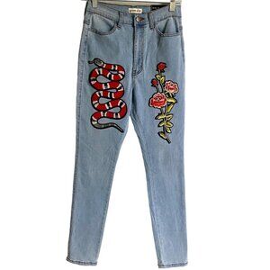 Denim 4 US Skinny Jeans Embroidered Snake and Roses Size 9 NEW